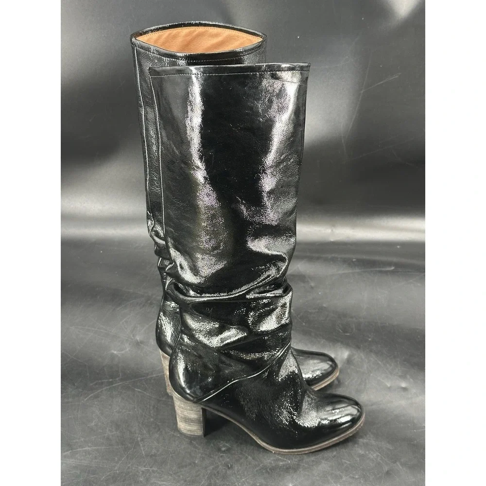 Free People Tennison Black Patent Leather Knee High Slouch Boots Sz EU 38 US 7.5